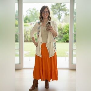 Stetson White Three Quarter Length Sleeve Open Cardigan Embroidered Orange Teal